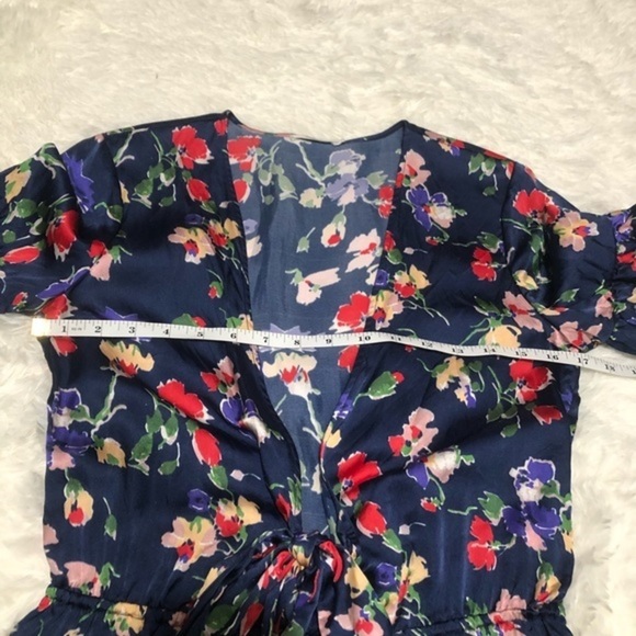 Tularosa Blue Satin Floral Tie Front V Neck Short Sleeve Romper - Picture 4 of 15